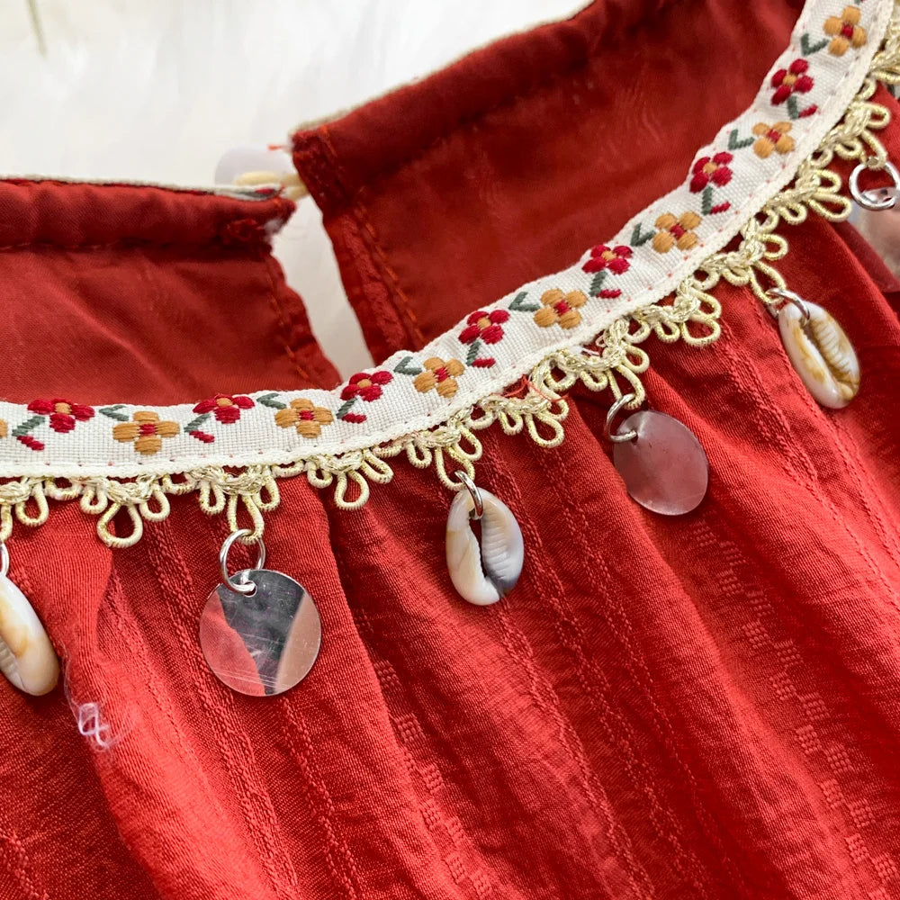 Hnewly  Bohemian Vacation Style Red Dress Design Sense Tassel Irregular Loose Dresses French Style High-end  Sleeveless Long Dress