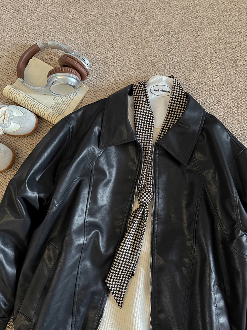 Hnewly  Retro Chic pu Leather Jacket Women's 2025 Spring Autumn Fashion Lapel Versatile Windproof Sweet&Cool BF Style Female Outerwear