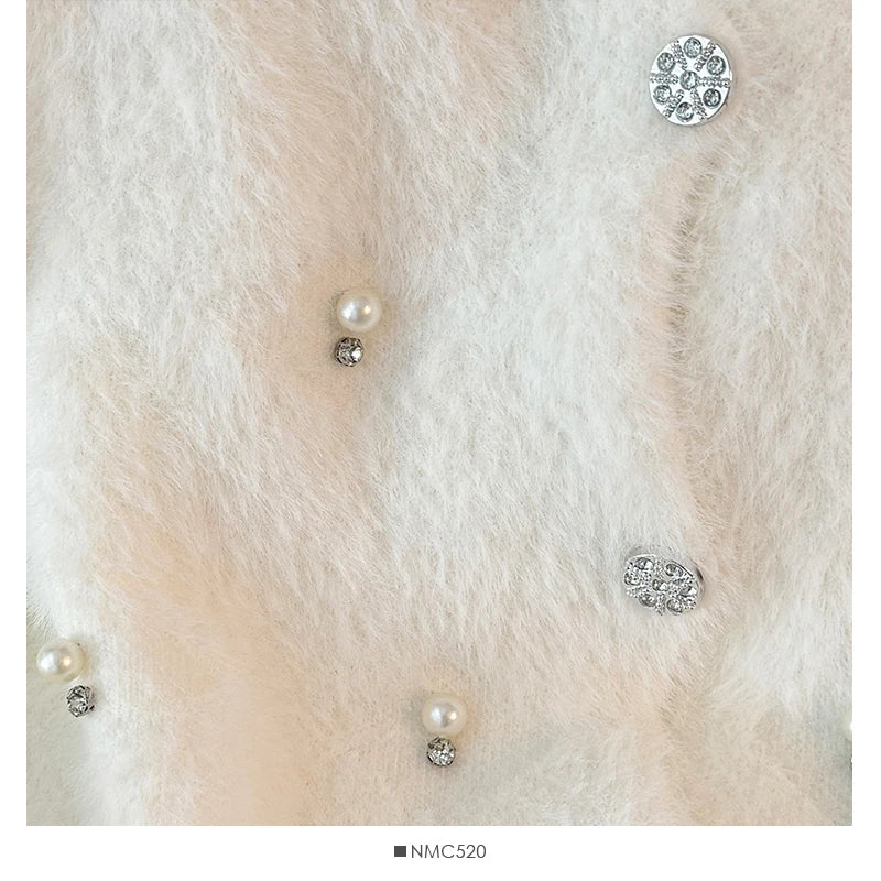 Hnewly  Beading O-Neck Plush Long Sleeved Sweater  Women's Autumn Loose Soft Glutinous Knit Cardigan Elegant Single Breasted Short Top