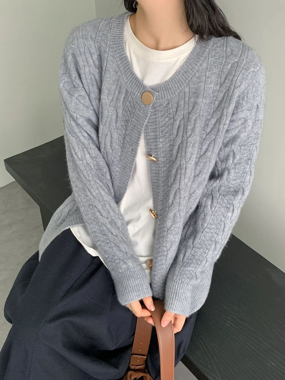 Hnewly  Vintage Twist Knit Cardigan Women's Lazy Loose Soft Thickened Single-Breasted 2025 Autumn Winter New Korean Style Female Tops