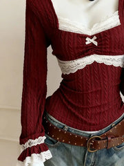 Hnewly  New Spring Vintage Slim Y2k T-Shirts Women Warm France Design Retro Lace Patchwork Thin Skinny Long Sleeve Hot Girl Tees