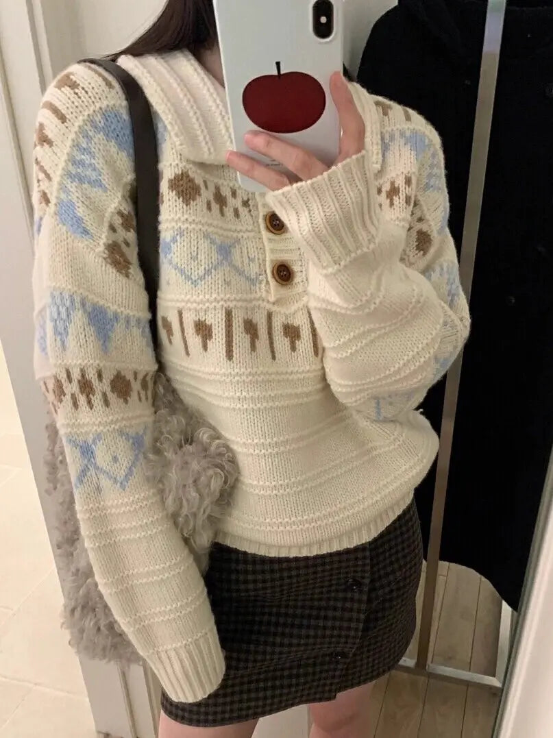 Hnewly  Woman Fair Isle Sweater Polo Collar Button Front Cozy Knit Pullvers Jumper Female Autumn Winter Preppy Vintage Outfit