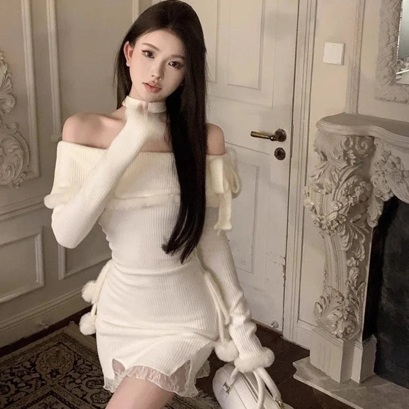 new winter knit dress Hnewly Christmas DRESS TO IMPRESS Slash Neck Halter Knitting Dresses F – hnewly