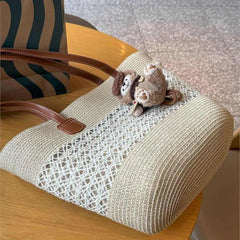 Hnewly  Beige Simple Hollow Out Tote Bag Women Straw Woven Large Capacity Shoulder Bag Ladies Fashion Casual Beach Vacation Tote Bag New