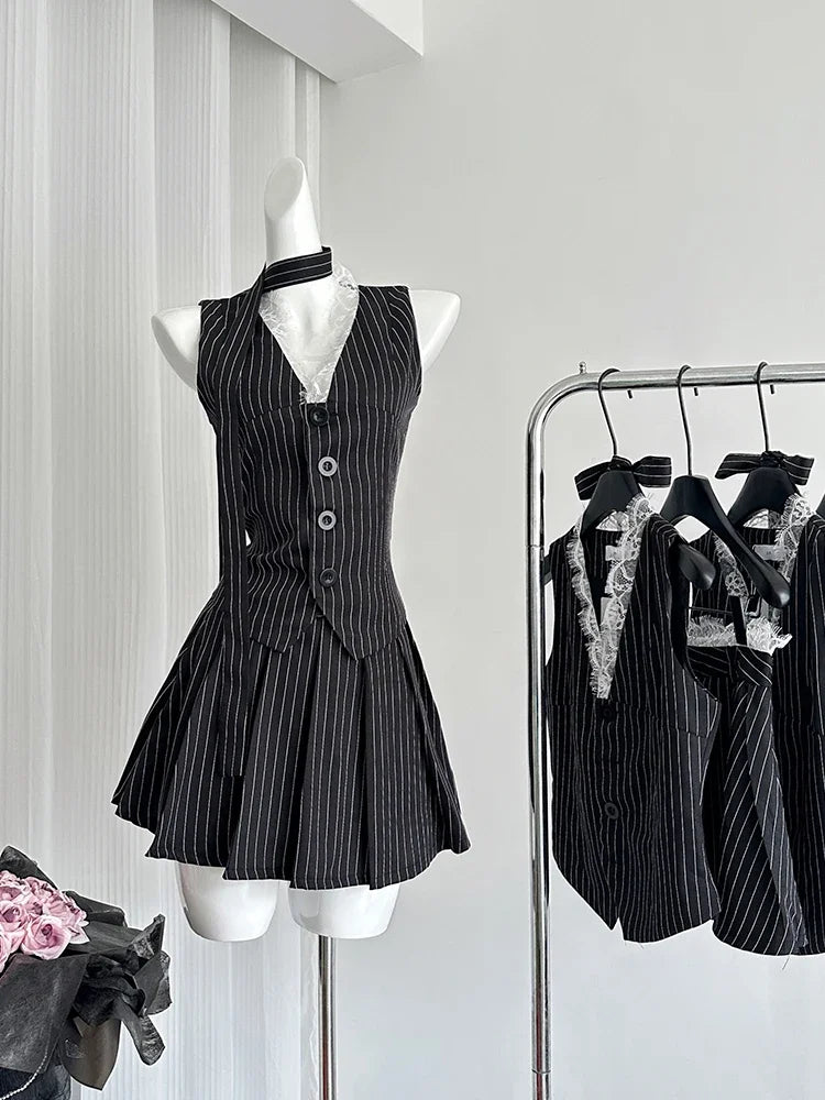 Hnewly 2000s Aesthetic Striped Outfits 2 Piece Set Summer Women Korean Fashion Vacation Kpop Lace Vest + Y2k Preppy Mini Pleated Skirt