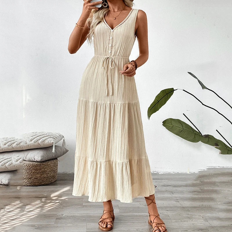 Hnewly  Patchwork V Neck Bohemian Midi Dress Women Summer Sleeveless Beach Vacation Long Dresses Woman Buttons A Line Sundress Female