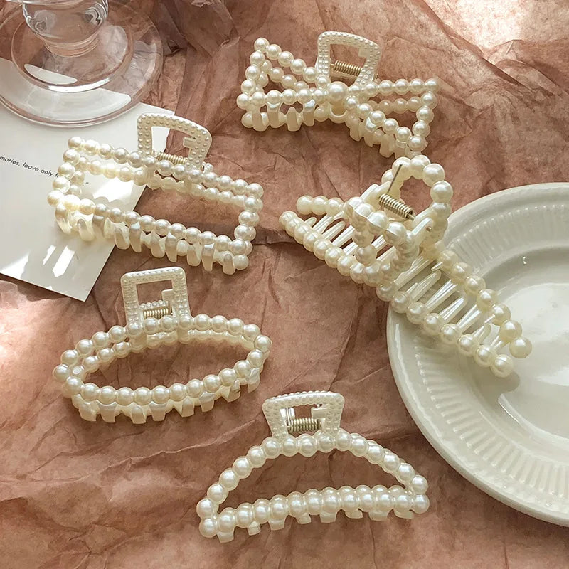 Hnewly Korean Imitation Pearl Hairpins Geometric Hair Claws Bath Large Catch Clip Shark Clip Back Head Hair Clip Women Hair Accessories