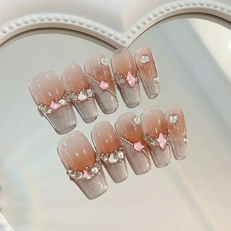 Hnewly 10Pcs Cat Eye Handmade Press On Nails with Gradient Design False Nails Full Cover French Ballerina Wearable Artificial Nail Tips