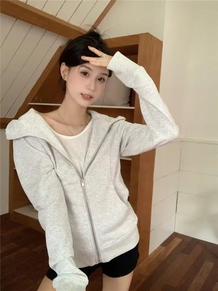 Hnewly 2025 Autumn New Cardigan Coat Women Y2k Slim Fit Black Hooded Sweatshirt Fashion All-match Long Sleeve Zipper Tops Mujer Jacket