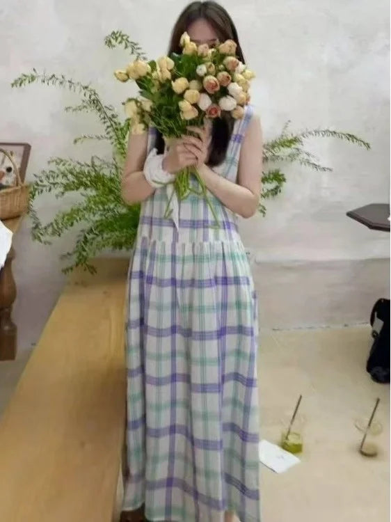 Hnewly  High-End Women's Summer Vintage Plaid Loose Lazy Casual Vest Dress Korean Style Loose Waist Cotton Material A-Line Skirt