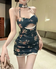 Hnewly  Woman Dress Sexy Fashion Tie Dye Floral Sleeveless Hollow Out Lace Patchwork Backless Party Mini Dresses Ladies Elegant