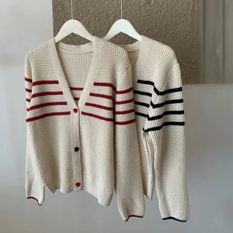 Hnewly  Striped Knit Cardigan Sweater with Heart-shape Button Front V-Neck Sweater Jacket Female Autumn Winter French Chic Cute Outfit