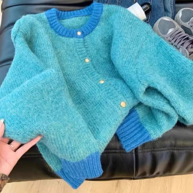 Hnewly Single-breasted Cardigan Long Sleeve Patchwork Knitted Sweater O-Neck Casual Warm Coat Office Outerwear Autumn Winter