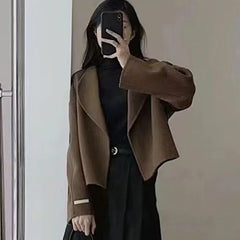 Hnewly  Reversible Tweed Jacket Women Fall Elegant Solid Cropped Tops Cardigan Turn Down Collar Vintage Classic Office Lady Outwear