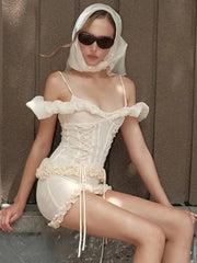 Hnewly  Cutenew Slash Neck Sexy Dress Women Sweet Mesh Ruffles Shirring Sleeveless Patchwork Stretch Vacation Party Club Bodycon