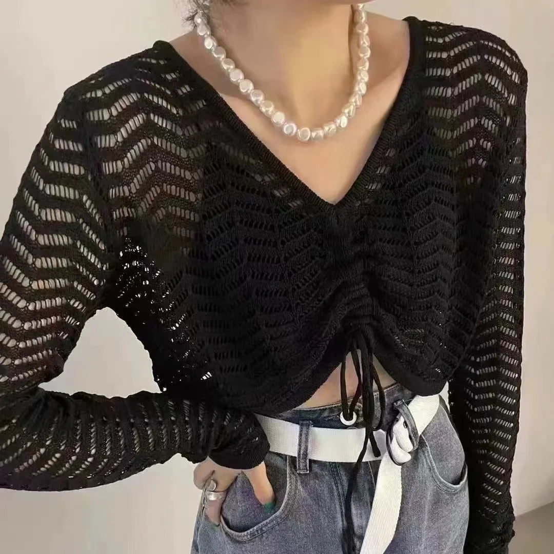 Hnewly  Drawstring Pointelle Knitted Top Pullovers Women Sweater Cover Up Top Hollow Out Crop Jumper Knitwear Autumn Winter Y2K Outfit