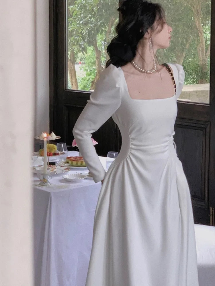 Hnewly Spring New Elegant Square Collar Midi Party Dress  For Women Long Sleeve Black White Slim Vestidos Female Clothes