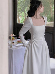 Hnewly Spring New Elegant Square Collar Midi Party Dress  For Women Long Sleeve Black White Slim Vestidos Female Clothes