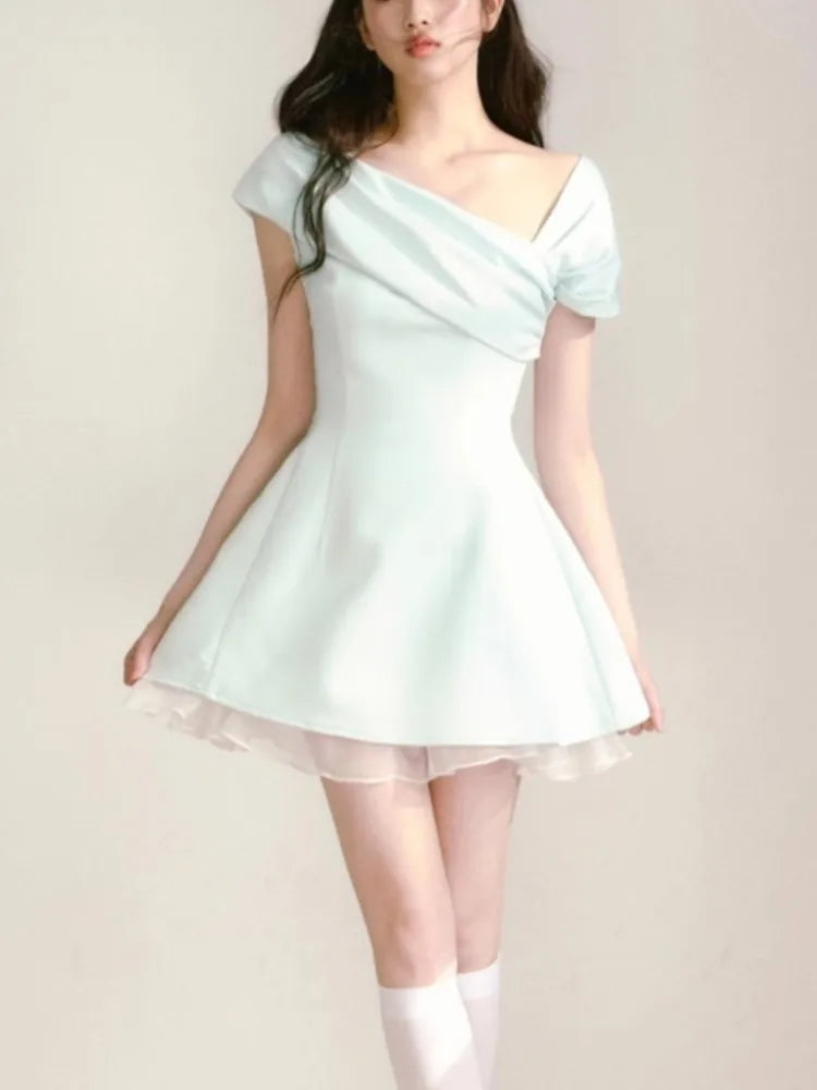 Hnewly Women's Y2K Vintage Chic Dresses Summer 2025 New Asymmetrical Neck A-Line Inclined Shoulder Vestidos Party Prom Evening Dress