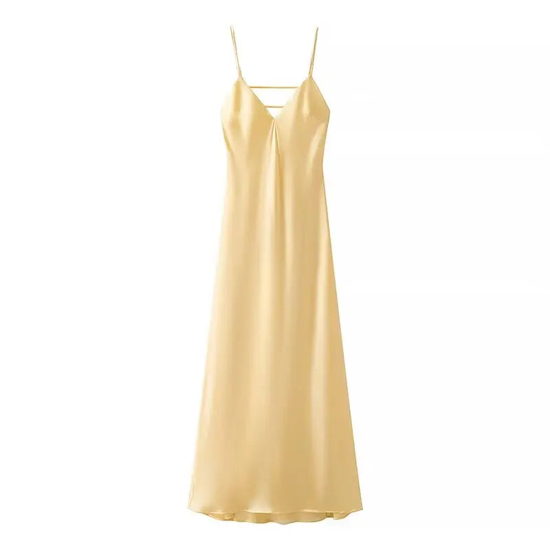 Hnewly Women Summer Yellow Stain V Neck Sling Dress Elegant Sleeveless Loose Maxi Robes 2025 New Ladies Party Holiday Dresses