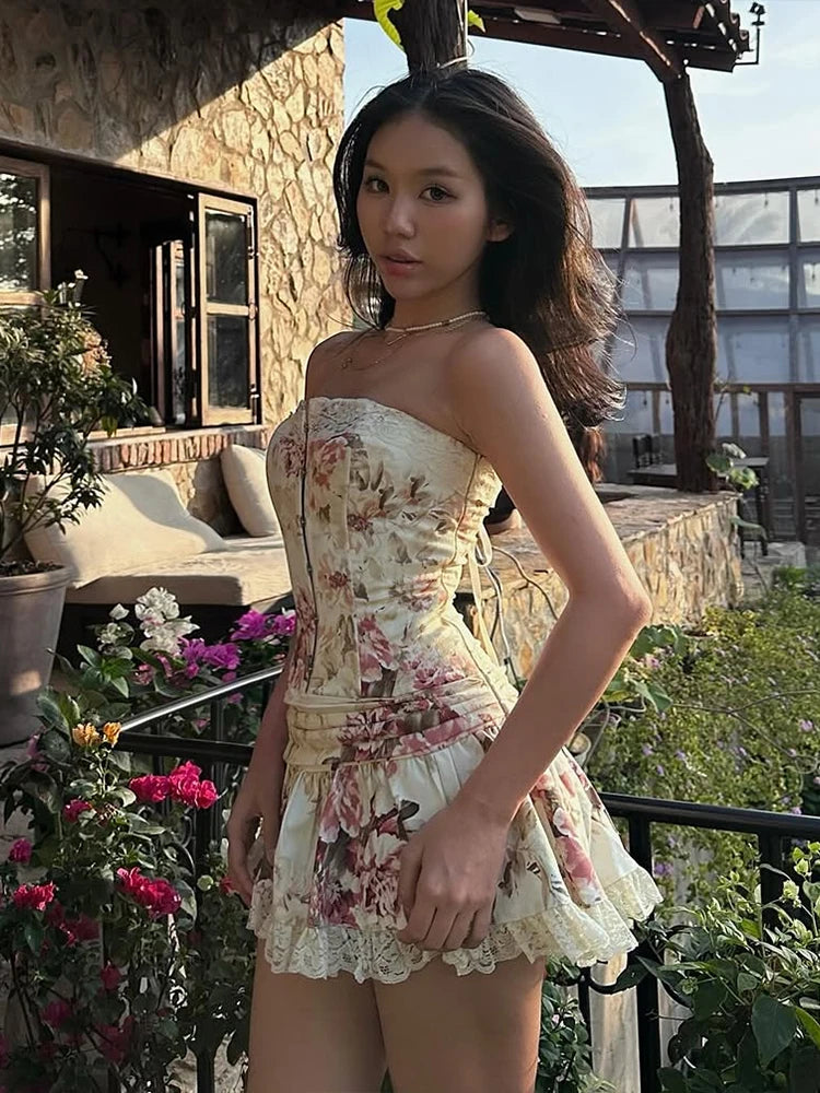 Hnewly  Flower Print 2-Piece Set Women Y2K Single-Breasted Metal Buckle Wrap Top+Lace Folds Hem Skirt Sweet Matching Suits