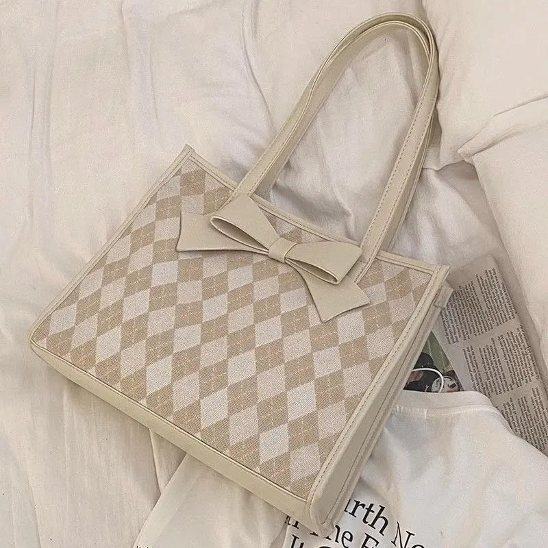 Hnewly  Sweet Bow Quilted Shoulder Bag Women Girls Summer New Trendy Tote Purse Ladies Spacious Student Class Underarm Bag
