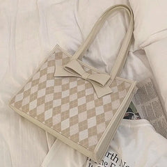Hnewly  Sweet Bow Quilted Shoulder Bag Women Girls Summer New Trendy Tote Purse Ladies Spacious Student Class Underarm Bag