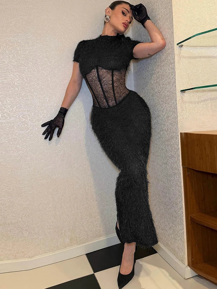 Hnewly  Cutenew Lace Patchwork Maxi Dress Women Sexy False Fishbone Decoration o-Neck Button See Through Skinny Party Midnight Vestidos