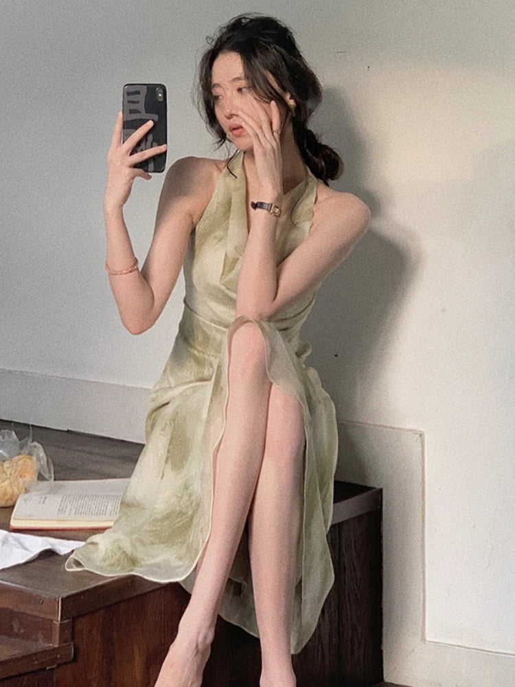 Hnewly Vintage Sexy Sleeveless Neck-mounted Party Maxi Dresses for Women Halter Spaghetti Strap Folds Midi Dress Elegant Fashion Summer