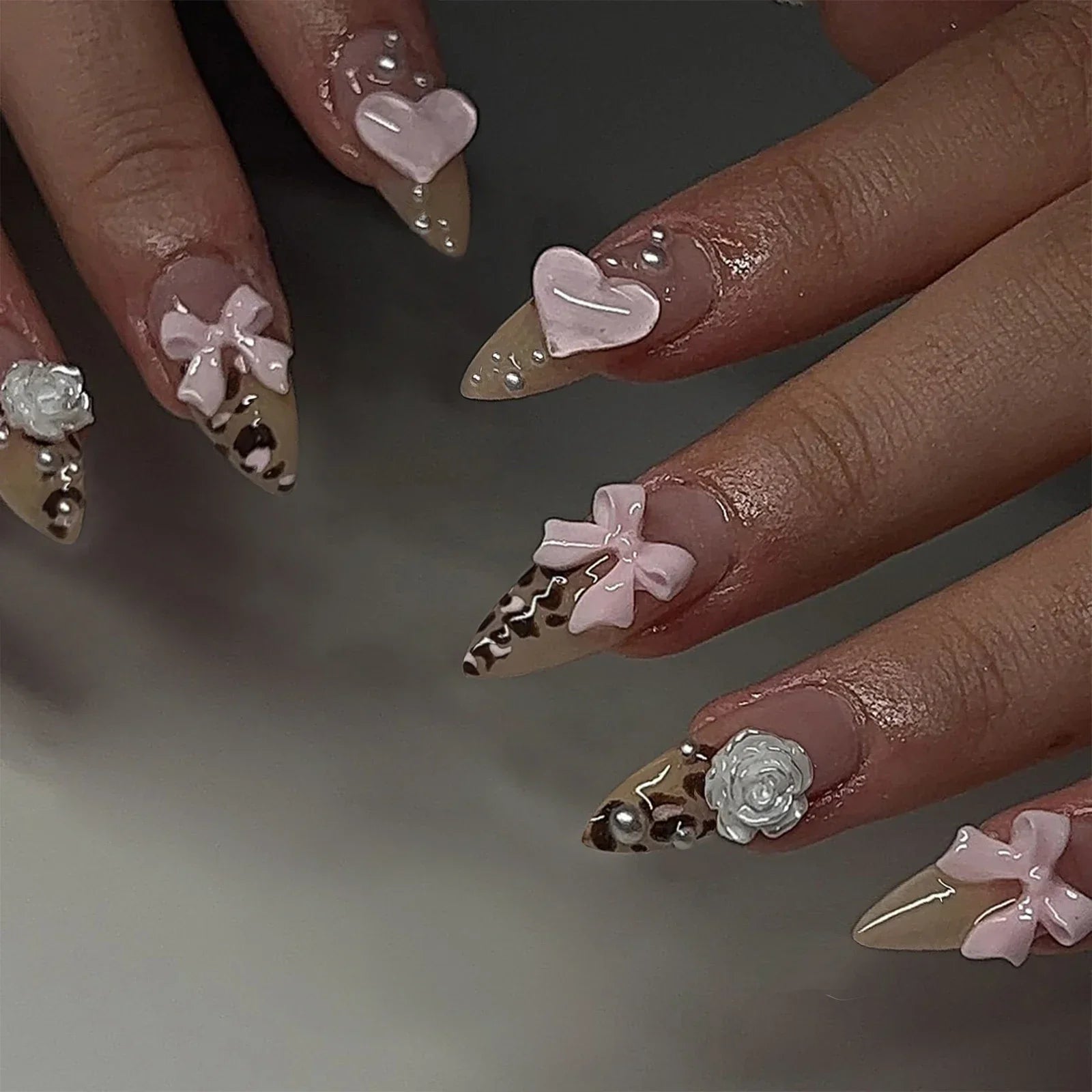Hnewly 24Pcs Cat Eye Press on Nails with Almond Head Bow Diamond Stick on False Nail Sweet Pink French Full Cover Artificial Nails Tips