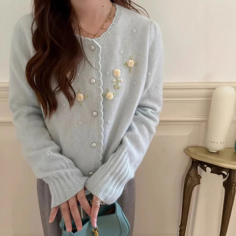 Hnewly  Flower Appliques Lace Edge Knit Sweater Women's Sweet Long Sleeve O-neck 2025 Early Autumn Knitwear Loose Single Breasted Tops