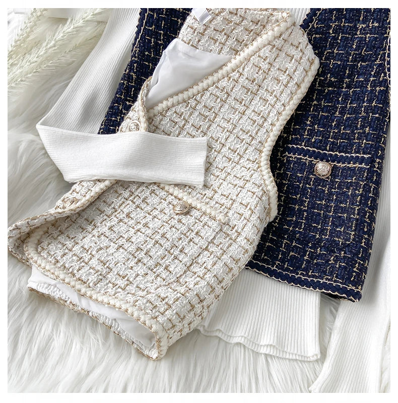 Hnewly  Women New Autumn Tweed Elegant Vintag Vest V-neck Sleeveless Slim Pockets Waistcoat Ladies Fashion Womens Short Small Vest