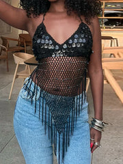 Hnewly  Sexy Hollow Out Women's Top Fashion Sequined Fringe Hem Backless Halter Crop Tops Summer Chic Female Beach Vacation Tanks