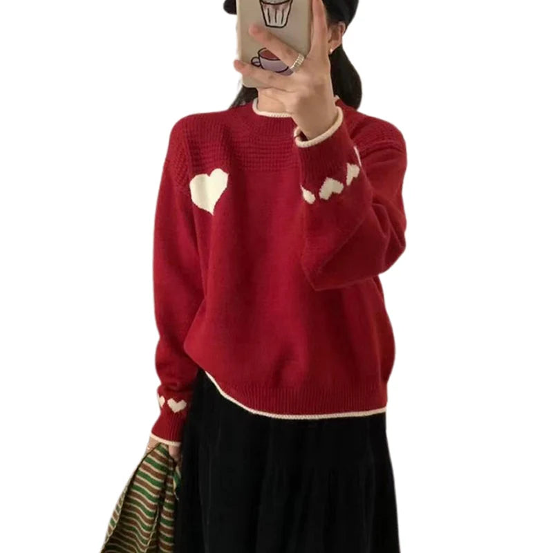 Hnewly y2k Sweaters Women Christmas Clothes Heart Print Round Neck Long Sleeve Knitted Pullover Tops 2000s Aesthetic Clothing