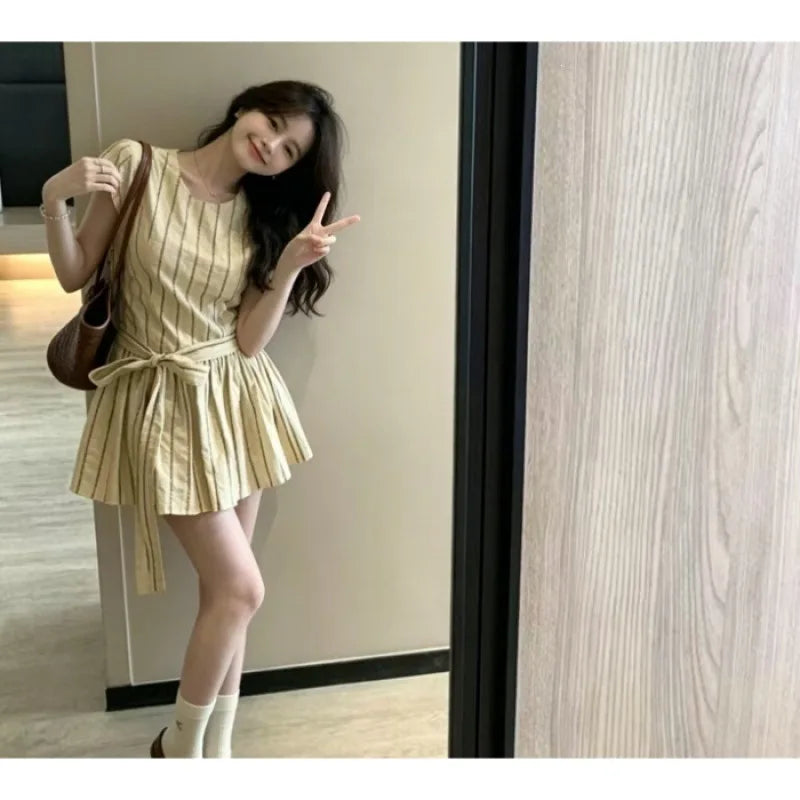 Hnewly  Sweet Short Skirt Fashion Knot Summer Short Sleeve Dress Korean Style Versatile Waist Slimming New Peach Color