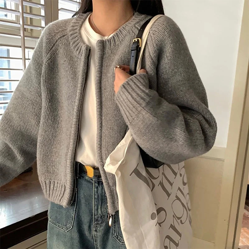 Hnewly Sweater y2k Clothes Women Soft Warm Solid Color Round Neck Zip Up Long Sleeve Knitted Tops 2000s Clothing Streetwear
