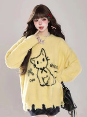 Hnewly  Kawaii Hole Sweet Sweaters Women Vintage Faux Mink Cashmere Cartoon Knitted Jumper Preppy Style Cute Japan Lazy Wind Tops