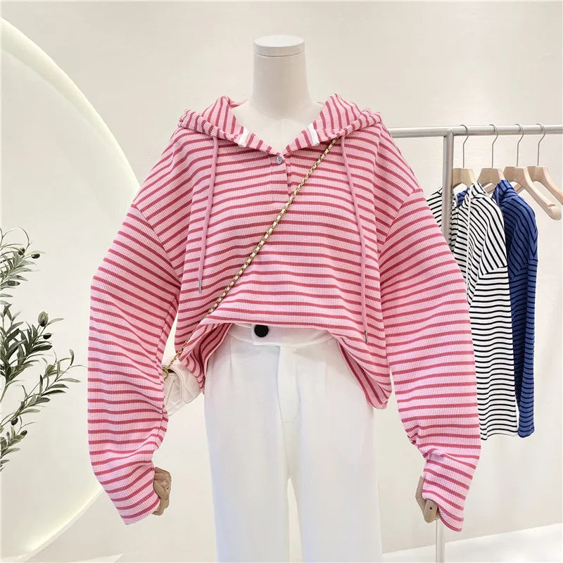 Hnewly  New Striped Hoodie Sweatshirt Women's Spring Autumn 2025 Fashion Preppy Style Retro Long Sleeve Top Loose Pullover Jacket