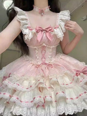 Hnewly  Original New Spring Summer Sleeveless Pink Suspenders Dress Cute Bow Elegant Lace Splicing Adult Birthday Party Fluffy Dress
