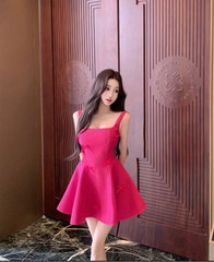 Hnewly  Woman Dress Sleeveless Bow Square Collar Summer Fashion Elegant Backless Vintage Sexy Mini Dresses Party Female