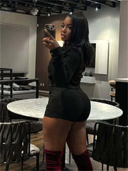 Hnewly  Cutenew Hipster Flocking 2-Piece Set Women Chic Button Zip Full Sleeve Jacket+Pocket Shorts Matching Hottie Punk Club Streetwear