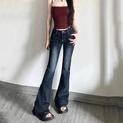 Hnewly  American Retro Flare Denim Pants Women Streetwear Y2K High Waised Jeans Woman Autumn Winter All Match Long Trouser Female