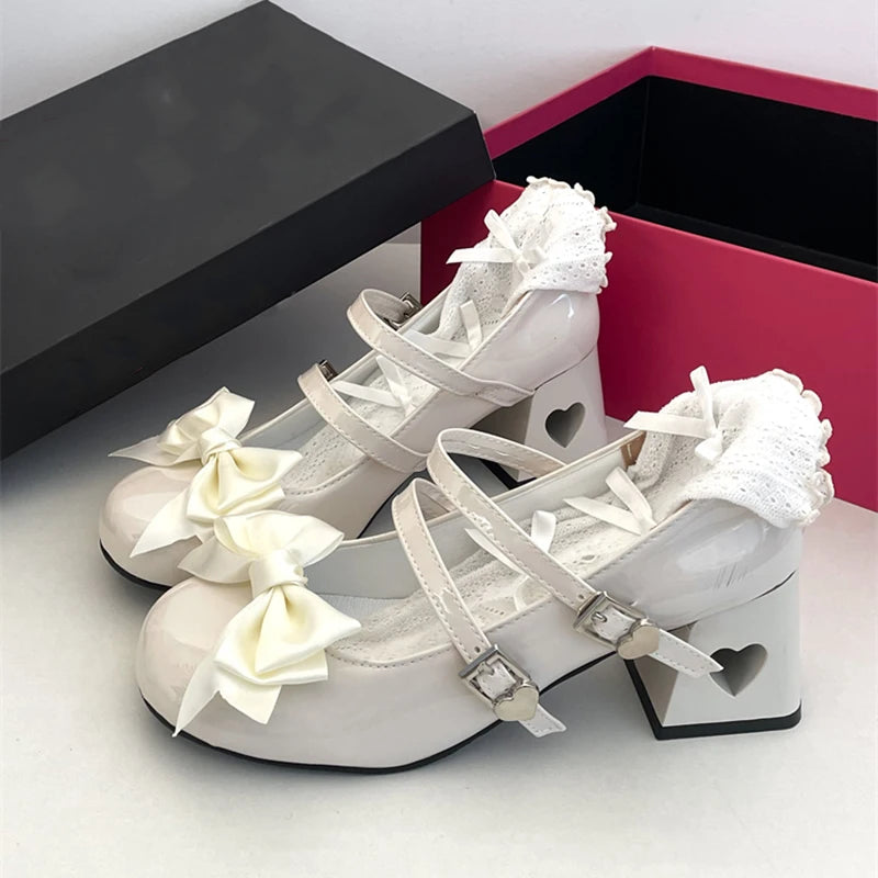 Hnewly Pink Mary Jane Lolita Shoes Women Autumn Y2K Patent Leather Low Heels Pumps Woman Silk Bowtie Ankle Straps Party Shoes