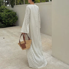 Hnewly  Bow V-Neck Printed Polka Dots Dress Women's Fashion Long Sleeves Loose Leisure Long Dress Autumn Grace Commuting Dress