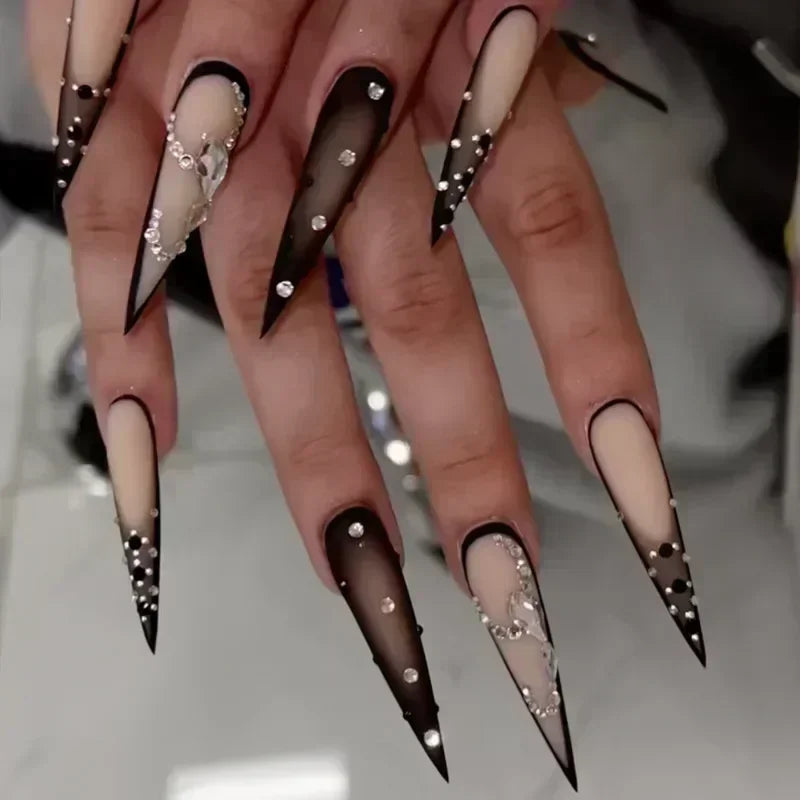 Hnewly 24Pcs French Almond False Nails Glitter with Rhinestones Wearable Fake Nails Artificial Simple Full Cover Press on Nails Tips