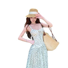 Hnewly  Elegant French Style White Polka Dot Strap Dress Women's Summer New Beach Vacation High-End Feeling Long Dress
