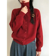 Hnewly  High Neck Button Down Cardigan Women Long Sleeve Knitted Sweater Jacket Cozy Knitwear Teen-girl Fall Winter Basic Chic Knitwear
