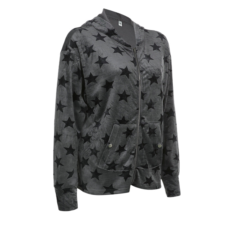 Hnewly Gothic Sweatshirt Women Punk Style Star Pattern Zip Up Long Sleeve Hooded Tops with Pockets y2k Dark Academia Clothes