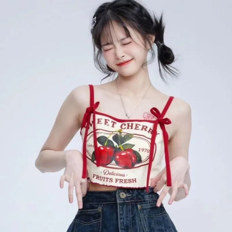 Hnewly  Cherry Print Camisole Vest for Women Y2k Fashion Sexy Slim Fit Crop Top T-shirts 2025 Summer New Strapless Tops Mujer