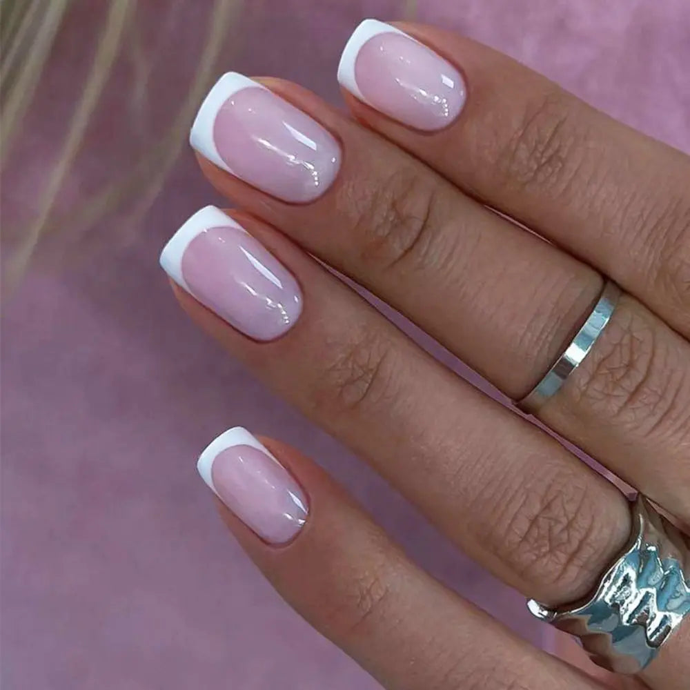 Hnewly 24PCS Short Square False Nails French White Edge Fake Nials Silver Flame Full Cover Press On Nails Detachable Ballerina Nail Tip